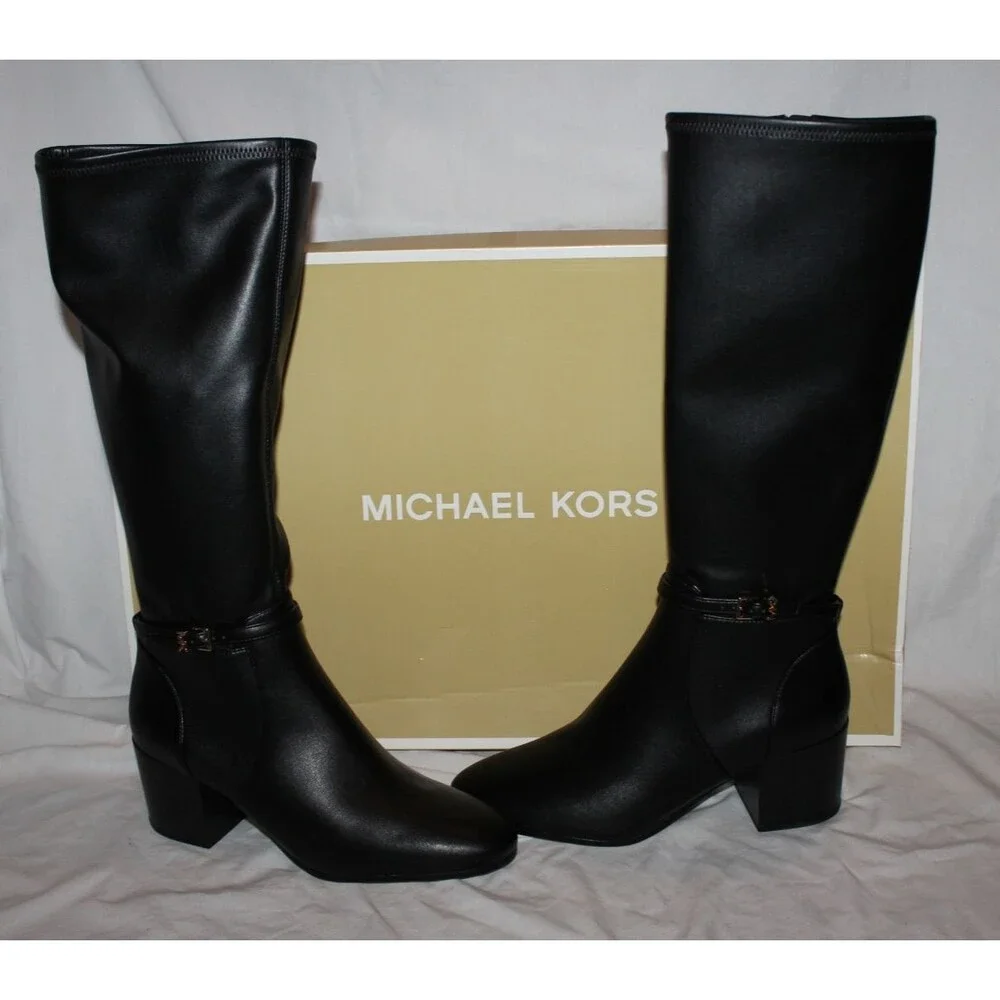 Michael Kors Women's Ella Block Heel Boot Black Faux Leather Tall Boots $345 10